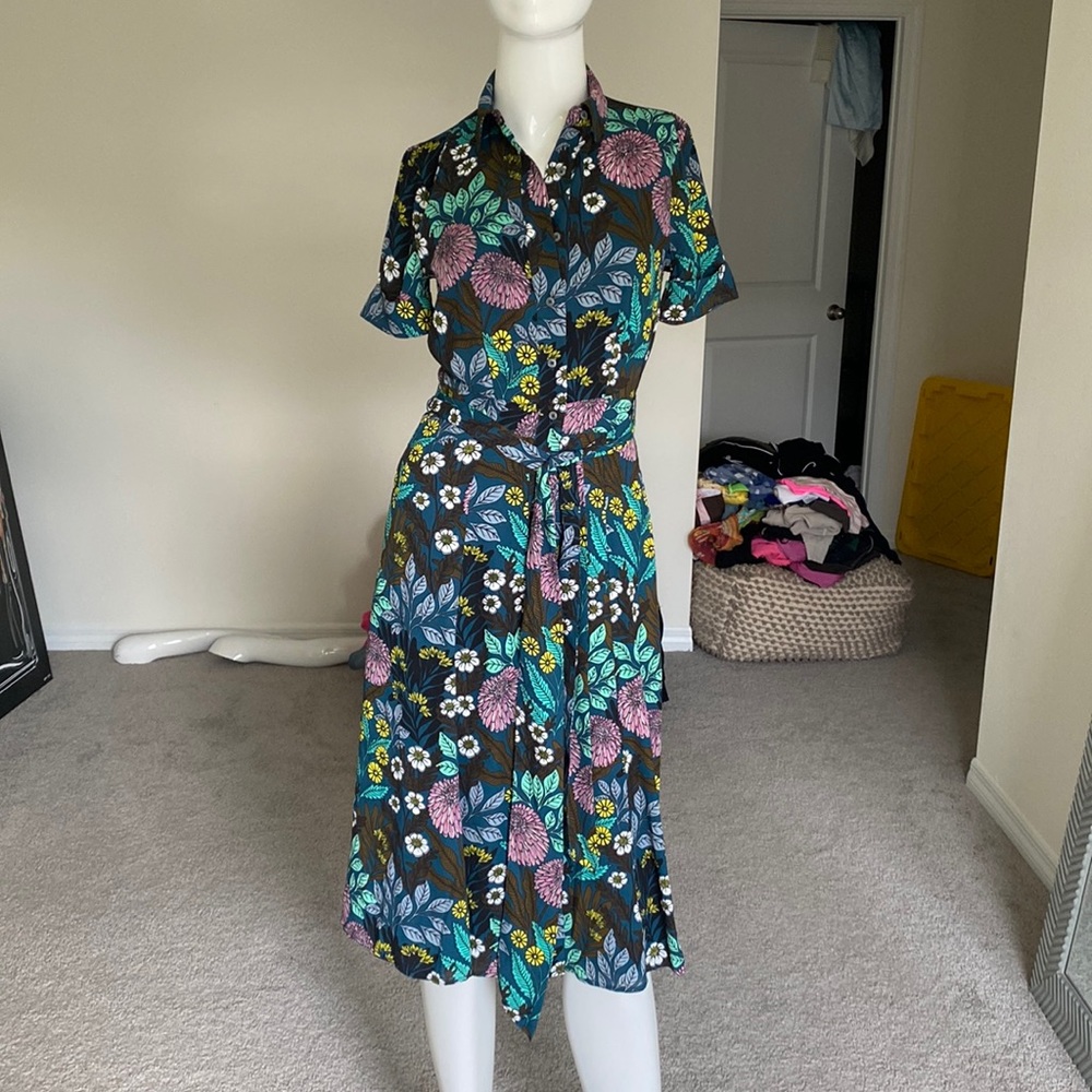 J. Crew Black Floral Shirt Dress with Pink, Blue, Green Accents